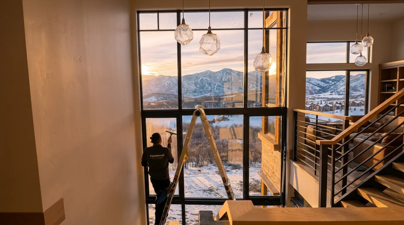 PersonNali professional caring for the windows of a luxury Utah mountain home